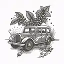 cute car driving, two hands out the window throwing cherry's leaving a trail, this trail looks like Prvic Luka, croatia tattoo design idea