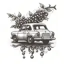 cute car driving, two hands out the window throwing cherry's leaving a trail, this trail looks like Prvic Luka, croatia tattoo design idea