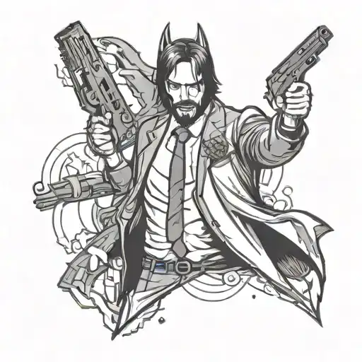A tattoo design combining elements of John Wick and Batman in a gritty blackwork style tattoo design idea
