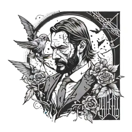 A tattoo design combining elements of John Wick and Batman in a gritty blackwork style tattoo design idea