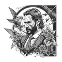 A tattoo design combining elements of John Wick and Batman in a gritty blackwork style tattoo design idea