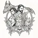 A tattoo design combining elements of John Wick and Batman in a gritty blackwork style tattoo design idea