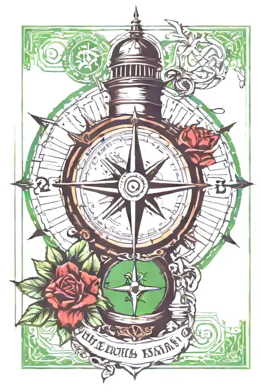 compass, green rosary beads, irish themed lighthouse with cladaugh ring tattoo design idea