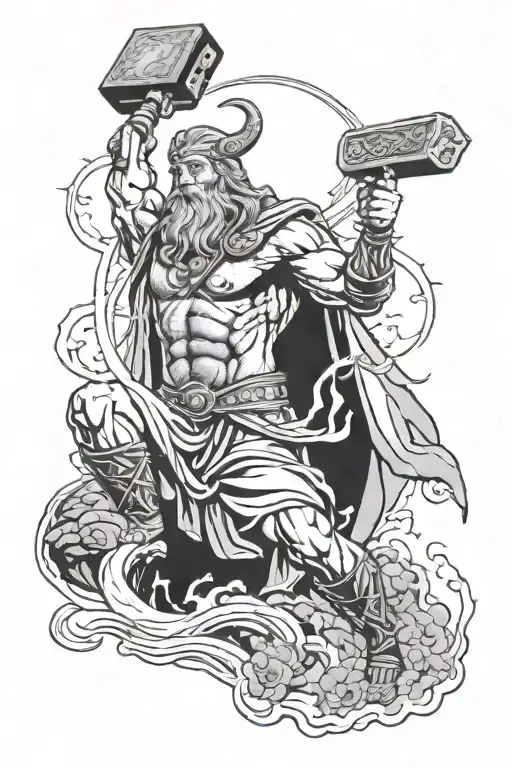 Zeus in vallhala with thor hammer and lightning tattoo design idea