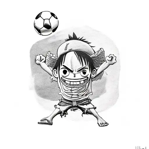 A captivating sketch-style tattoo of Luffy performing his iconic gum-gum pistol move while wearing a soccer jersey with your team's logo tattoo design idea