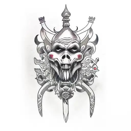 creepy jester, juggling swords while dancing tattoo design idea