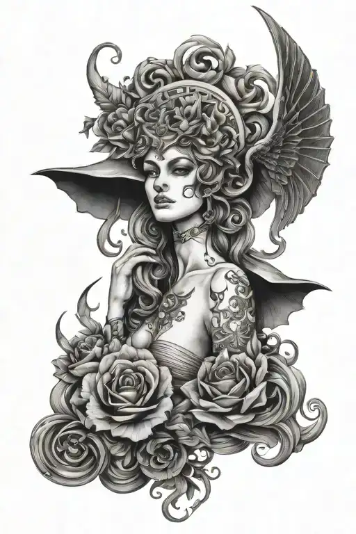 Greek mythology and witchy things in black and grey tattoo design idea