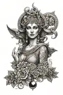 Greek mythology and witchy things in black and grey tattoo design idea