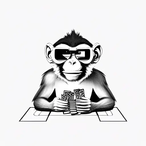 A monkey with shades on a table playing cards with a smerk tattoo design idea