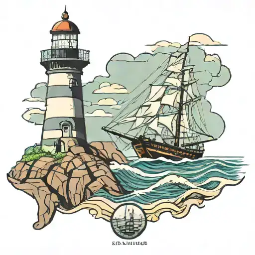 sailing ship sailing past light house with cliffs   tattoo design idea