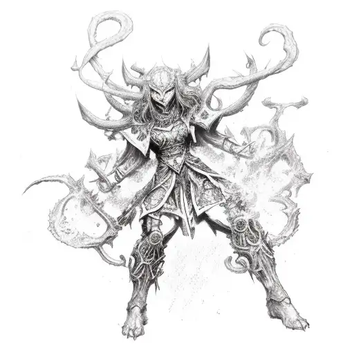 dark summoner, four arms spread with magical symbols tattoo design idea