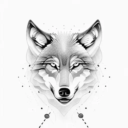 Create a dotwork design of a wolf with a Hurricane Airplane flying overhead tattoo design idea