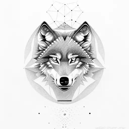 Create a dotwork design of a wolf with a Hurricane Airplane flying overhead tattoo design idea