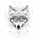 Create a dotwork design of a wolf with a Hurricane Airplane flying overhead tattoo design idea