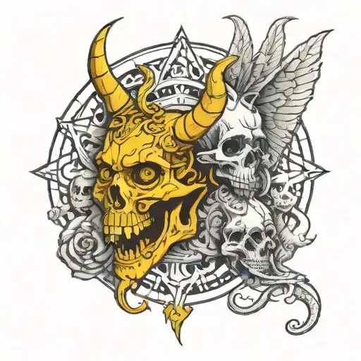 Two six-eyed sphinxes that have fused and skulls around tattoo design idea