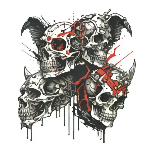 Two six-eyed sphinxes that have fused and skulls around tattoo design idea