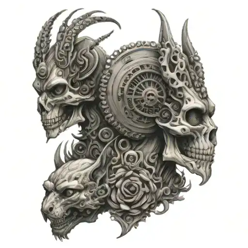 Two six-eyed sphinxes that have fused and skulls around tattoo design idea