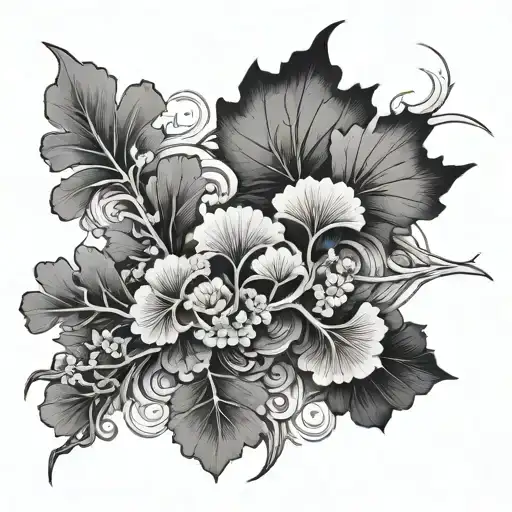 black and grey tattoo slevees of japanese cloud and ginkgo leaves tattoo design idea