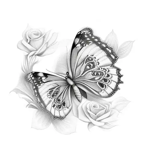  butterfly flying over two roses tattoo design idea