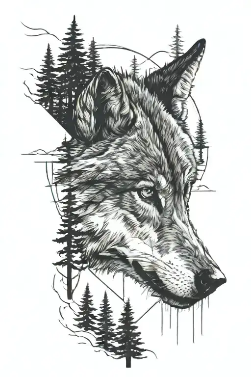 minimalist but details wolf head with pine trees and mountains in the background in black tattoo design idea