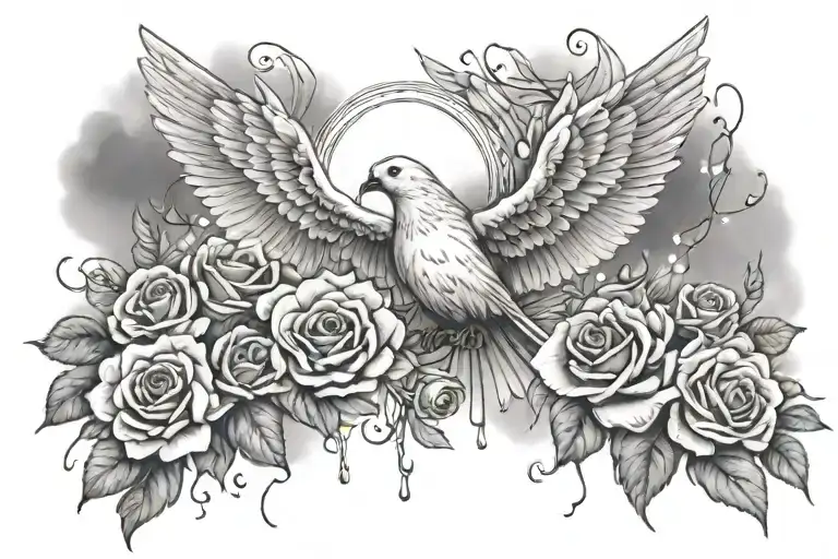 cloud storm rose angel wings doves flying and lights tattoo design idea