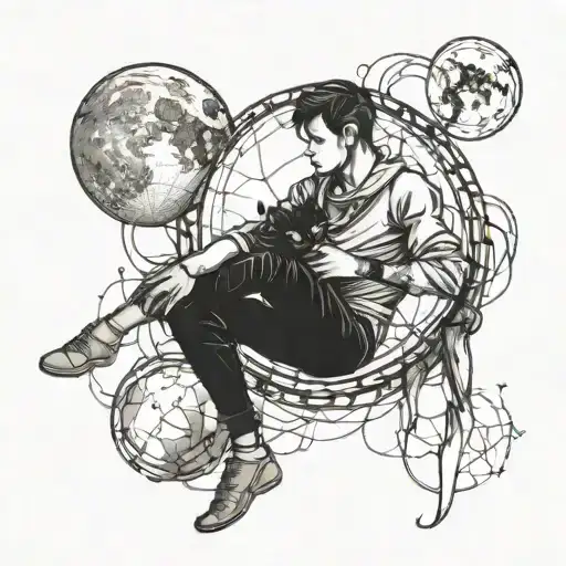 Man sitted on the sphere representing the moon and looking away with a black cat on your shoulder. tattoo design idea
