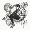 Man sitted on the sphere representing the moon and looking away with a black cat on your shoulder. tattoo design idea