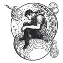 Man sitted on the sphere representing the moon and looking away with a black cat on your shoulder. tattoo design idea