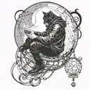 Man sitted on the sphere representing the moon and looking away with a black cat on your shoulder. tattoo design idea