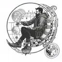 Man sitted on the sphere representing the moon and looking away with a black cat on your shoulder. tattoo design idea