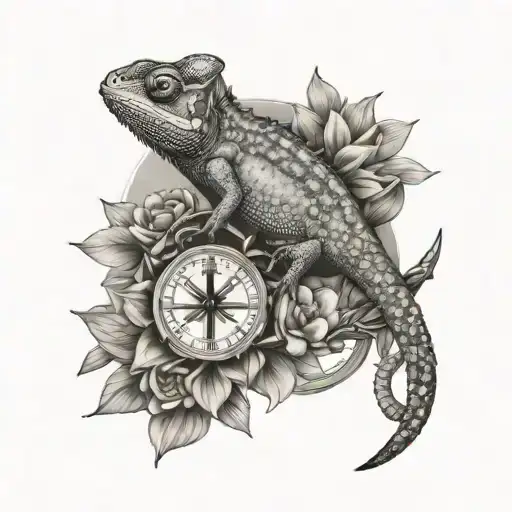 A chameleon with sword flowers and the Saint Benedict medal with a dragonfly tattoo design idea