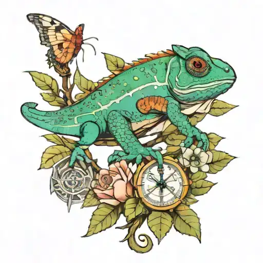 A chameleon with sword flowers and the Saint Benedict medal with a dragonfly tattoo design idea