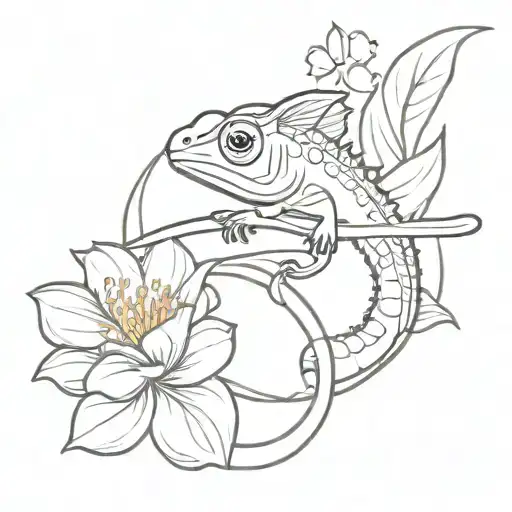 A chameleon with sword flowers and the Saint Benedict medal with a dragonfly tattoo design idea