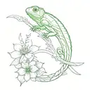 A chameleon with sword flowers and the Saint Benedict medal with a dragonfly tattoo design idea