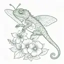 A chameleon with sword flowers and the Saint Benedict medal with a dragonfly tattoo design idea