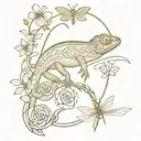 A chameleon with sword flowers and the Saint Benedict medal with a dragonfly tattoo design idea