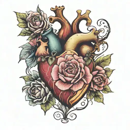 create tatoo to cover sternectomy scar from open heart surgery.  provide anatomically colored heart at half normal siz tattoo design idea