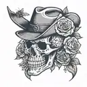 A skull wearing a cowboy hat surrounded by roses and bees tattoo design idea