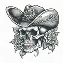 A skull wearing a cowboy hat surrounded by roses and bees tattoo design idea