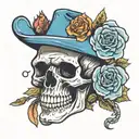A skull wearing a cowboy hat surrounded by roses and bees tattoo design idea