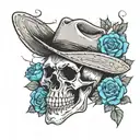 A skull wearing a cowboy hat surrounded by roses and bees tattoo design idea
