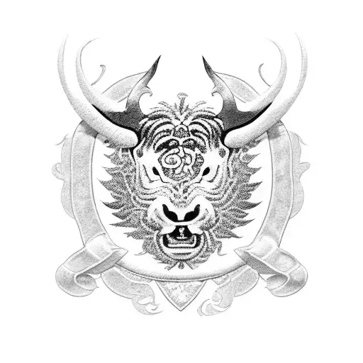 An intricate blackwork design of the Manchester United crest surrounded by animal prints of an ox, rabbit, and tiger tattoo design idea