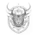 An intricate blackwork design of the Manchester United crest surrounded by animal prints of an ox, rabbit, and tiger tattoo design idea