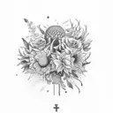 A vibrant bouquet of various exotic flowers surrounding the zodiac sign Libra tattoo design idea