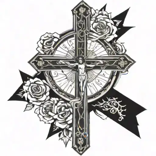 back Cross with Jesus face in a corner of the cross, and then 12/25/24 in another corner of the cross and decor the rest tattoo design idea