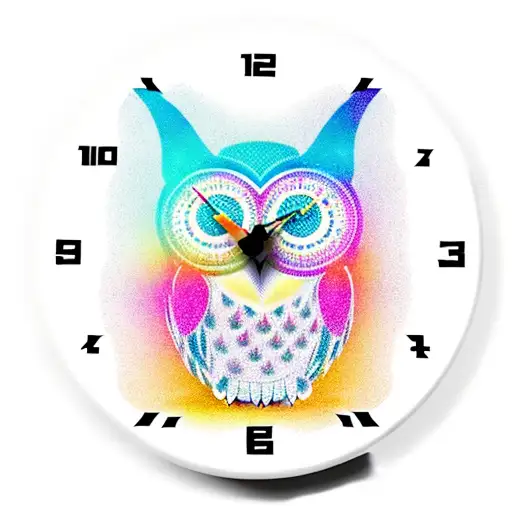 An owl clock with vibrant new-school colors and Reiki symbols as hour markers tattoo design idea