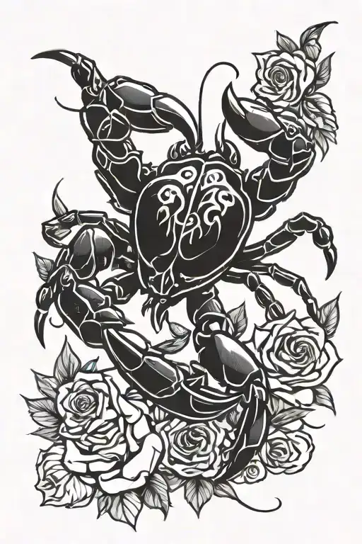 crab surrounded by roses tattoo design idea