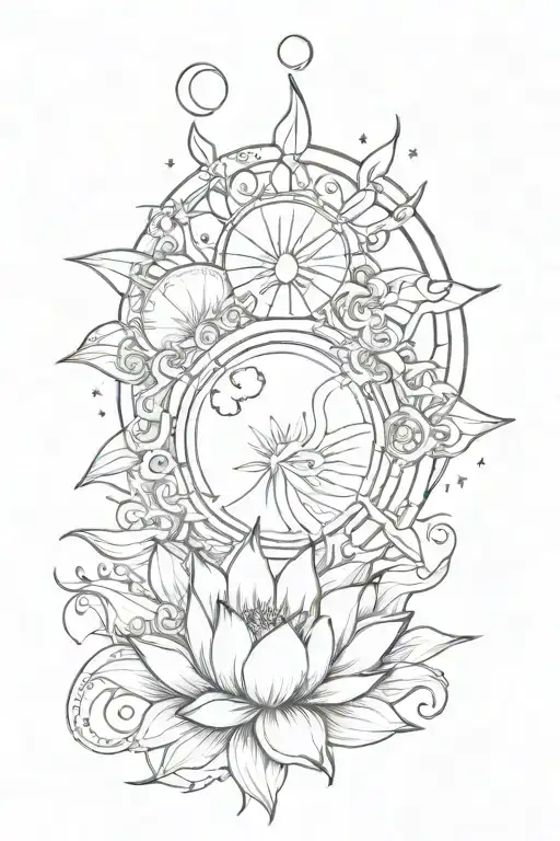 moon and sun and lotus and star accents tattoo design idea