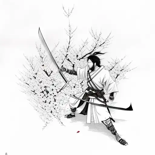 Ronin holding a sword with cherry blossoms flying tattoo design idea