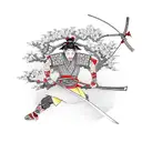 Ronin samurai holding a sword with cherry blossoms flying tattoo design idea